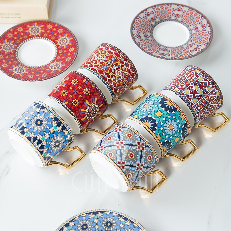 Marokkaanse Stijl Luxe Koffie Kop En Schotel Set Voldaan Gouden Handvat For A Speciale Koffie Cappuccino Keramische Afternoon Tea