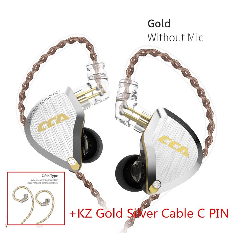 Le plus CCA C12 1DD + 5BA hybride dans l'oreille écouteurs métal HIFI basse écouteurs casques antibruit écouteurs V90 ZSX T4: gold no mic(GS)