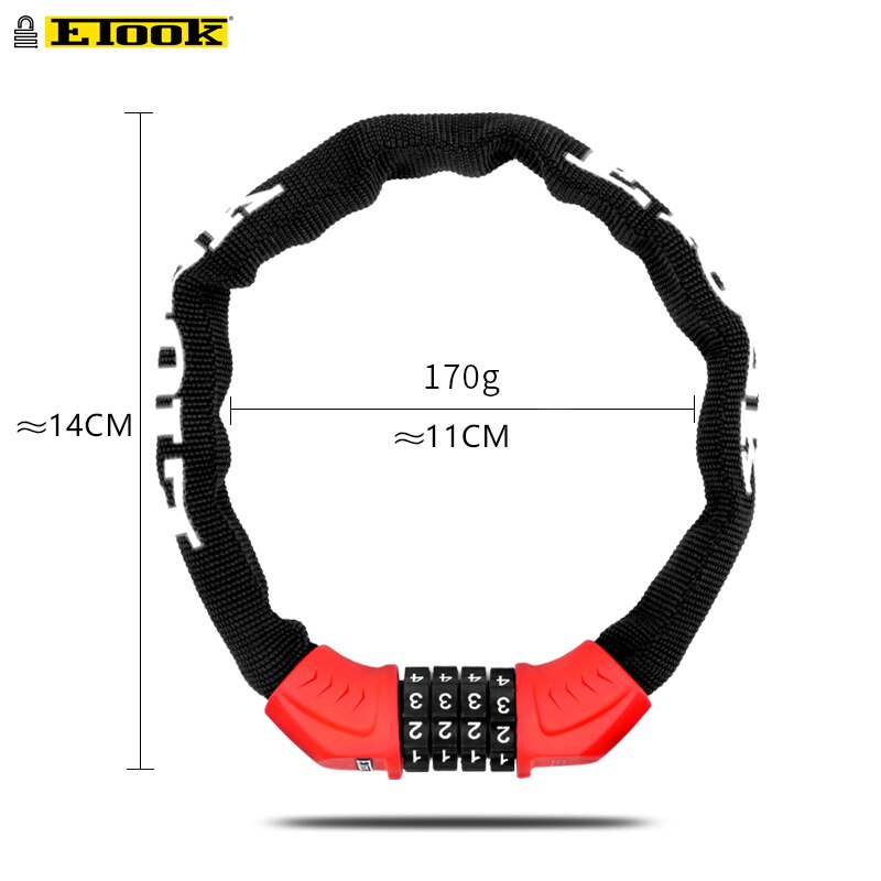 Etook ketjulukko lukko skootteri pyörä lyhyt 45cm kahvilan lukko kannettava salasana digitaalinen ketju maantiepyörälle mtb  et355- s: 45cm- musta  ed3137