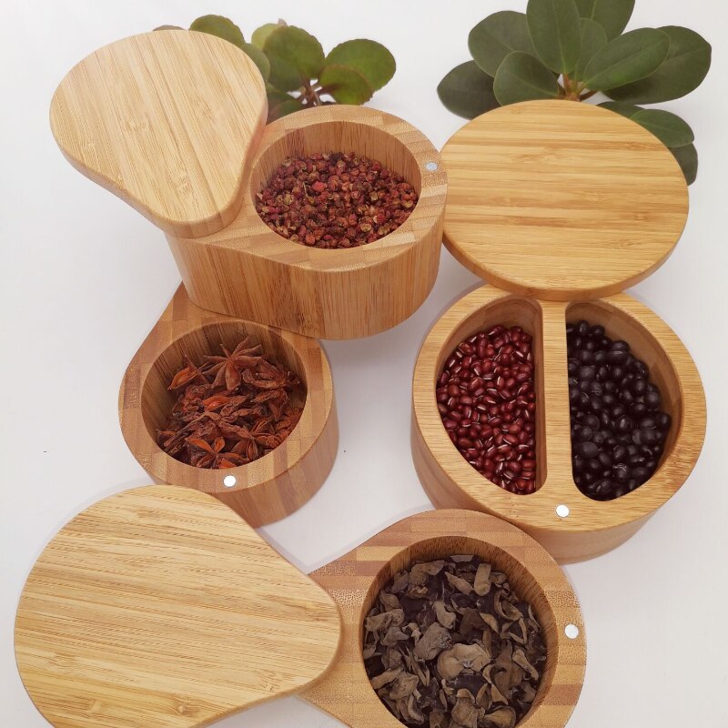 Seasoning Container Bamboo Condiment Box Double Grid Round Spice Jar