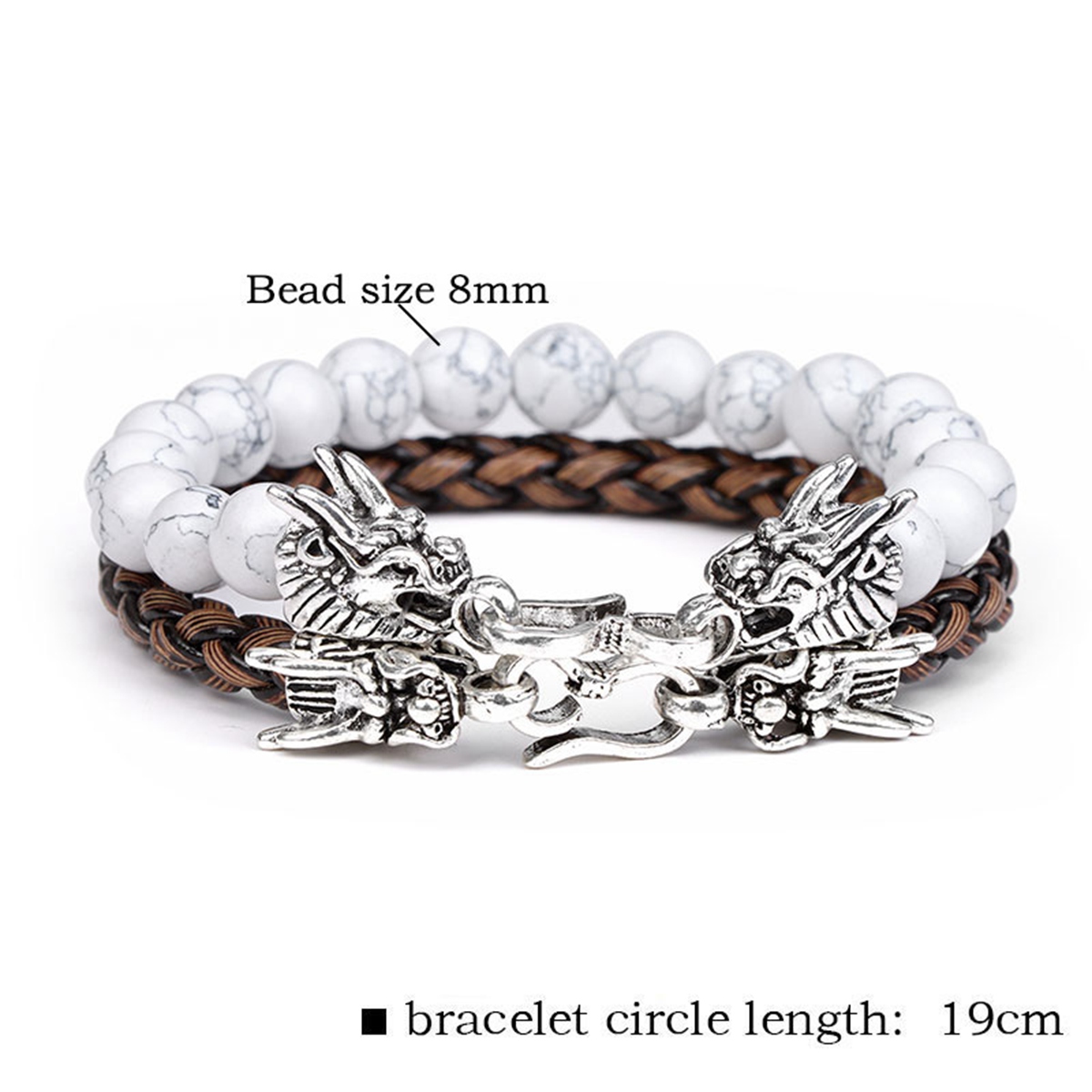 Heren Paar Lederen Edelsteen Kralen Armbanden Dragon Clasp Angst Stress Verlichting Healing Chakra 8Mm Ronde Kralen Set Sieraden: Silver Plated