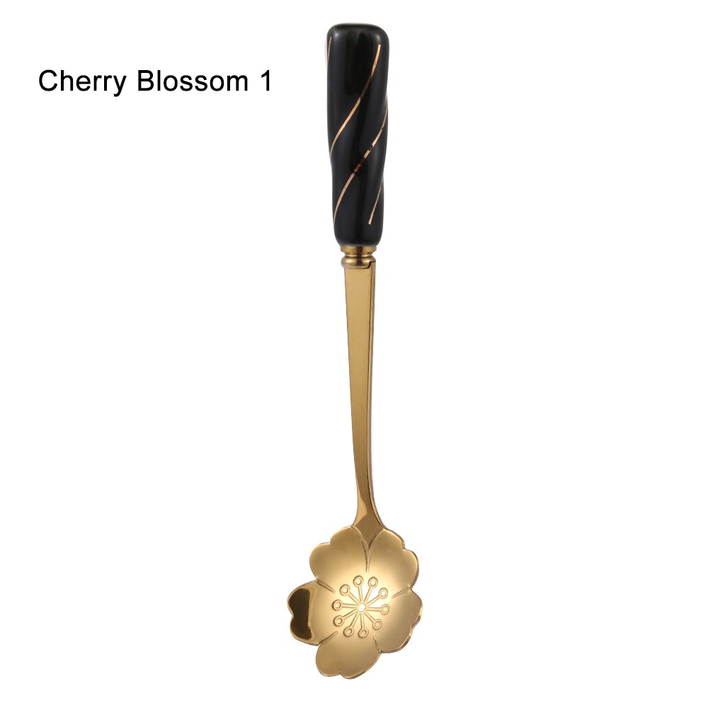 Rvs Koffie Lepel Keramische Handvat Theelepels Bestek Lepel Ijs Suiker Bestek Goud Keuken Tool: Cherry Blossom 1