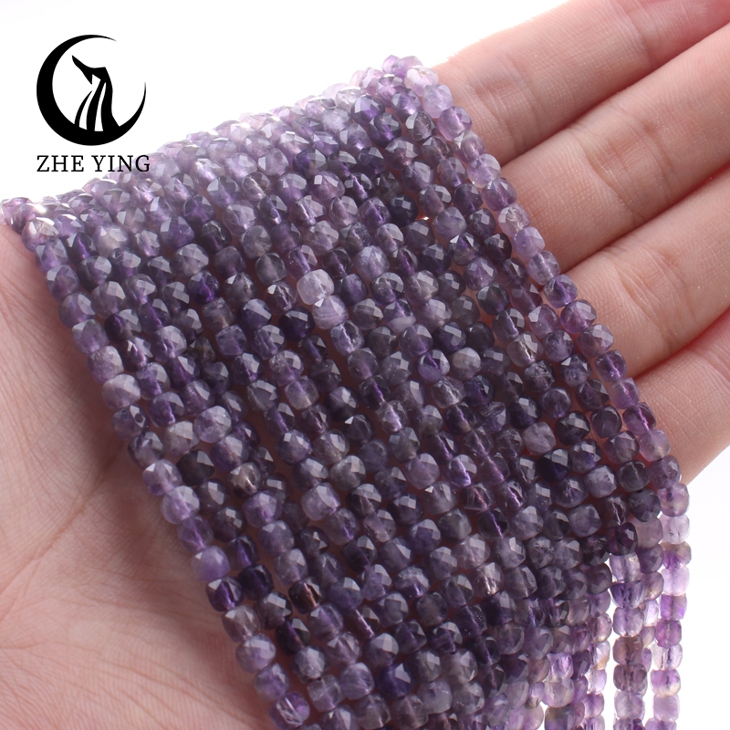 Cuentas cuadradas de piedra facetada Natural, amatista, amazonita, cuentas espaciadoras sueltas para pulsera DIY, collar, accesorios, hebra de 4x4mm de 15''