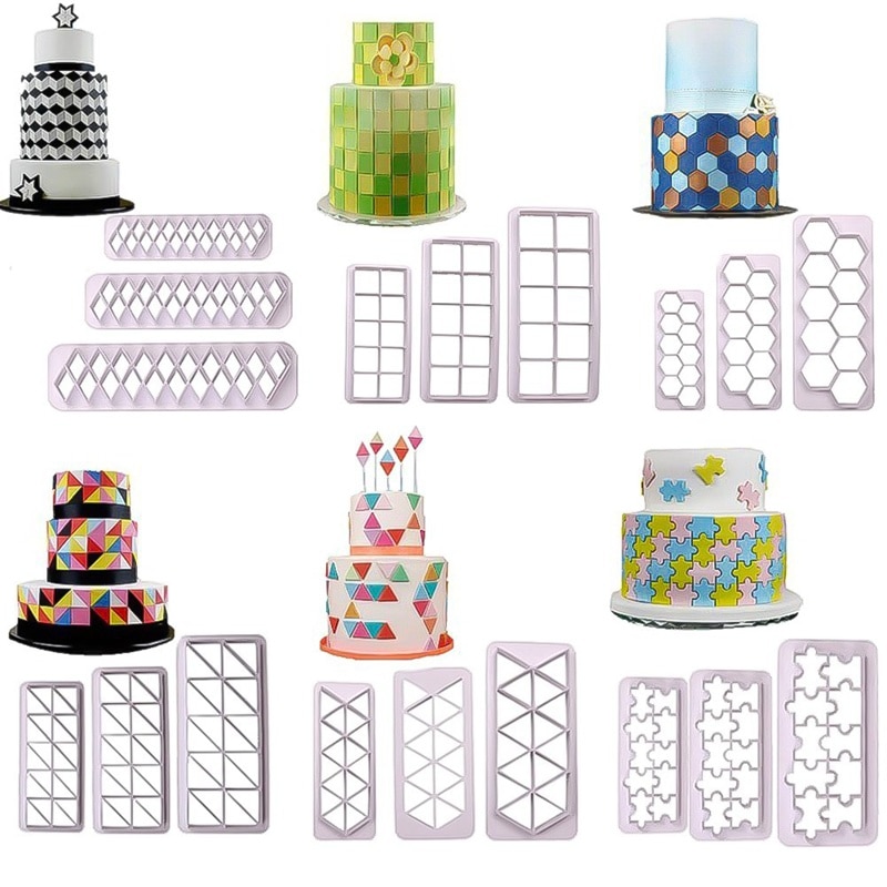 3 stuks vierkante geometrische uitstekers fondant koekjesvorm geometrie cakevorm fondantvorm taartdecoratiegereedschap bakken 6 ontwerpen