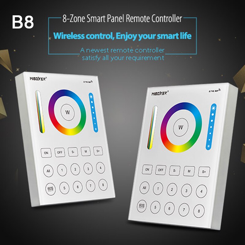 Miboxer 2.4G wireless Remote 8 Zone RGB+CCT LED Controller Wall mounted Touch Panel,5IN 1 smart LED Strip Controller Milight: B8