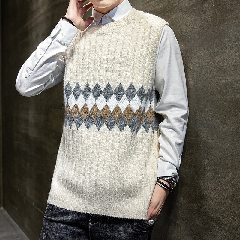Mouwloze truien voor heren, geometrische slim fit truien, gebreide vesten, herfst, koreaanse stijl, casual herenkleding
