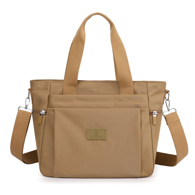 Nylon Shoulder Bags For Women Solid Color Casual Tote Large Capacity Black Crossbody Bag Soft Zipper Travel Handbag: Khaki