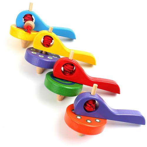 Classic Wooden Peg Top Spinning Gyro with Launcher Rope Children Play