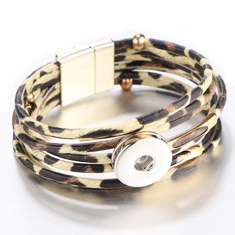 Snap fastener jewelry, 18mm snap fastener bracelets, punk multilayer leather leopard print, magnetic buckle bracelet, bracelet snaps jewelry