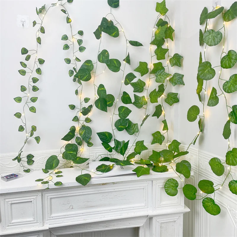Guirnalda de luces LED de plantas artificiales, 20/50/100LED, hojas verdes, funciona con pilas para colgar decoración navideña, 1 ud.