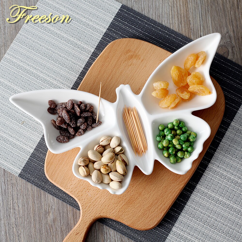 Platos de aperitivos de porcelana con forma de mariposa, platos de frutas, plato para tartas, plato para dulces, bandeja para ensaladas, vajilla de cerámica, vajilla decorativa.