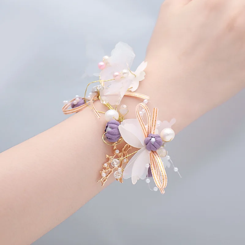 Imitation Pearls Corsage Bracelet Fabric Hand Flowers Girls Bridesmaid Wrist Flowers Wedding Party Accessories Party decor Rose