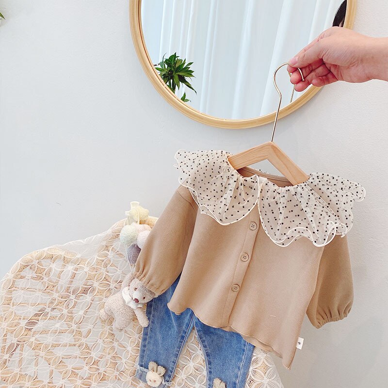 Dubbele Lagen Polka Dot Mesh Kraag Meisjes Jassen Lente Herfst Katoen Lange Mouwen Kinderen Jas Voor Peuter Meisjes Kleding Tops kind