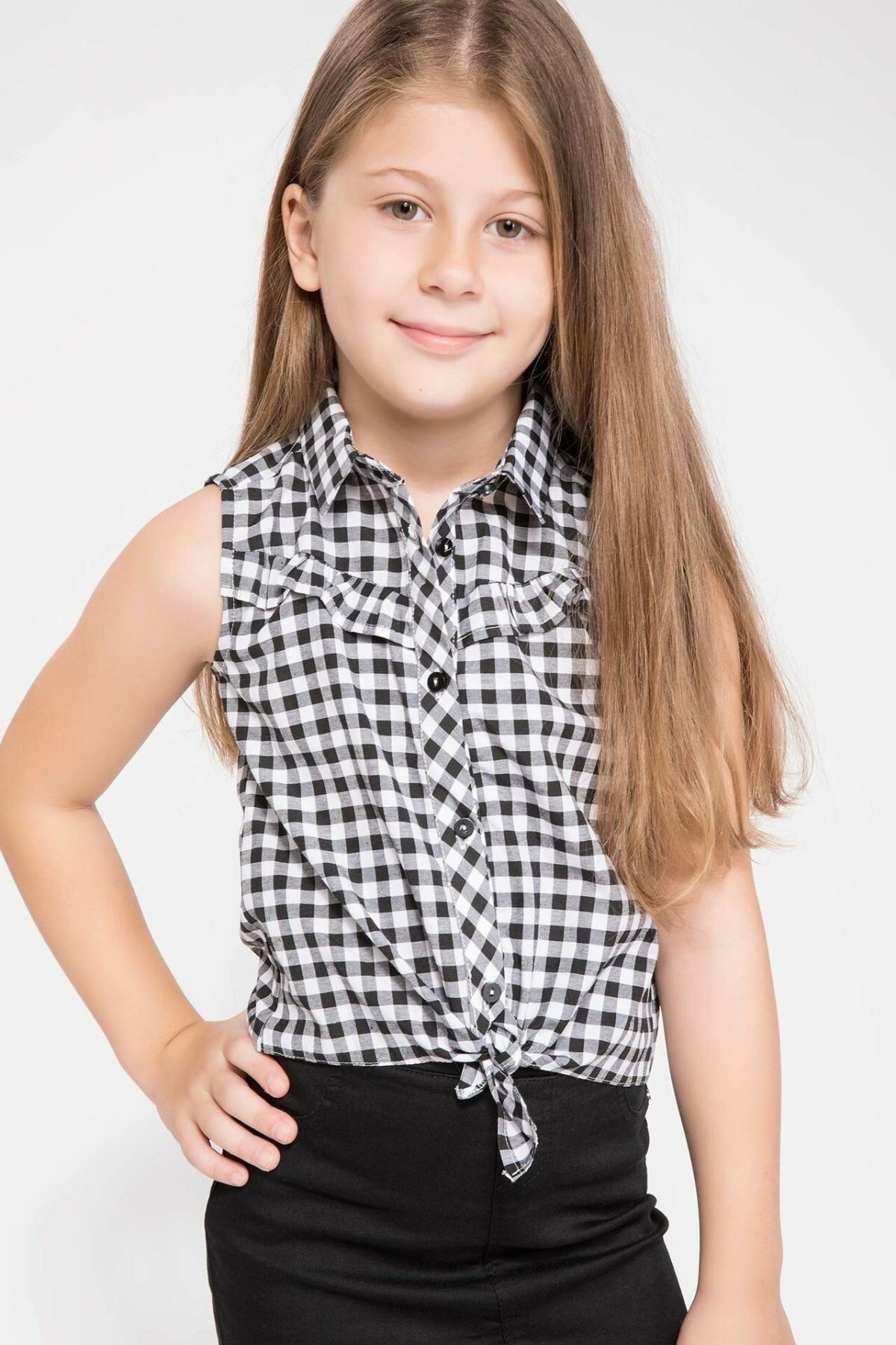 DeFacto sans manches blanc noir Plaid fille chemises classique tissé balle enfants Turn-down Colar noeud papillon chemise K2105A618HSBK46-K2105A618HS