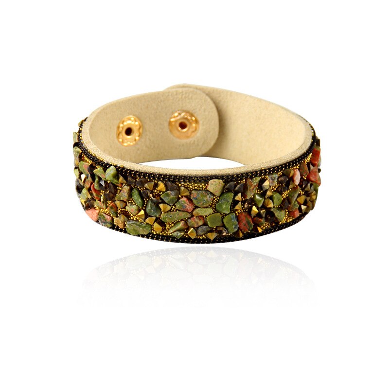 Pulsera de cuero con incrustaciones exageradas para mujer, brazalete con piedras naturales rotas de colores, joyería Unisex: khaki