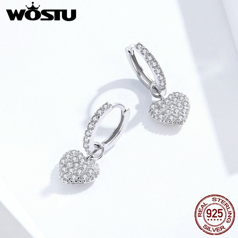 WOSTU Echtem 925 Sterling Silber Einzigartige Herz Tropfen Ohrringe Für Frauen brillant Zirkonia Baumelt Ohrringe Liebhaber Schmuck CQE821