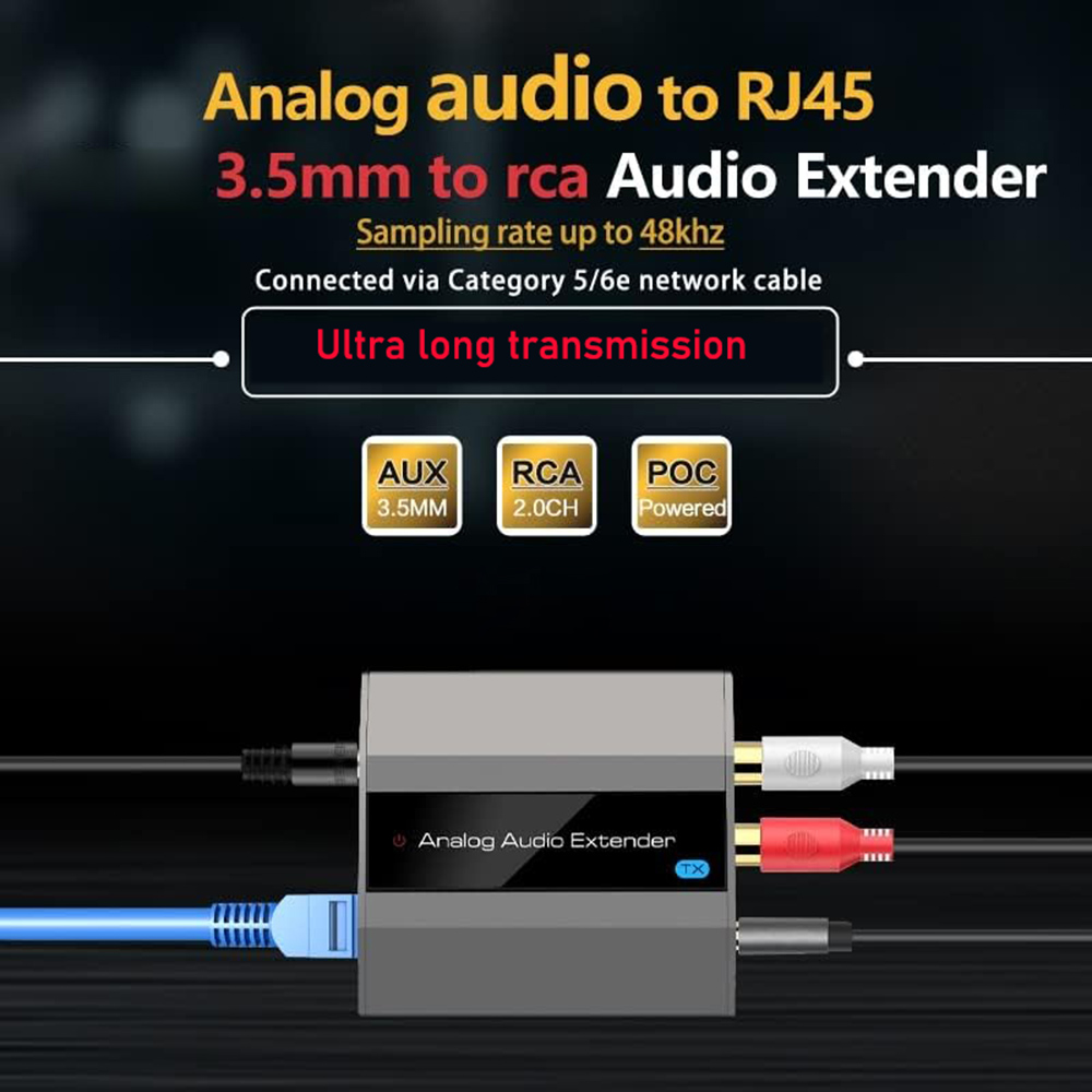 Analog lydforlænger over cat 5e/6- kabel 3.5mm aux+l/r stereolyd over cat 5- forlænger rca til  rj45 lydkonverter