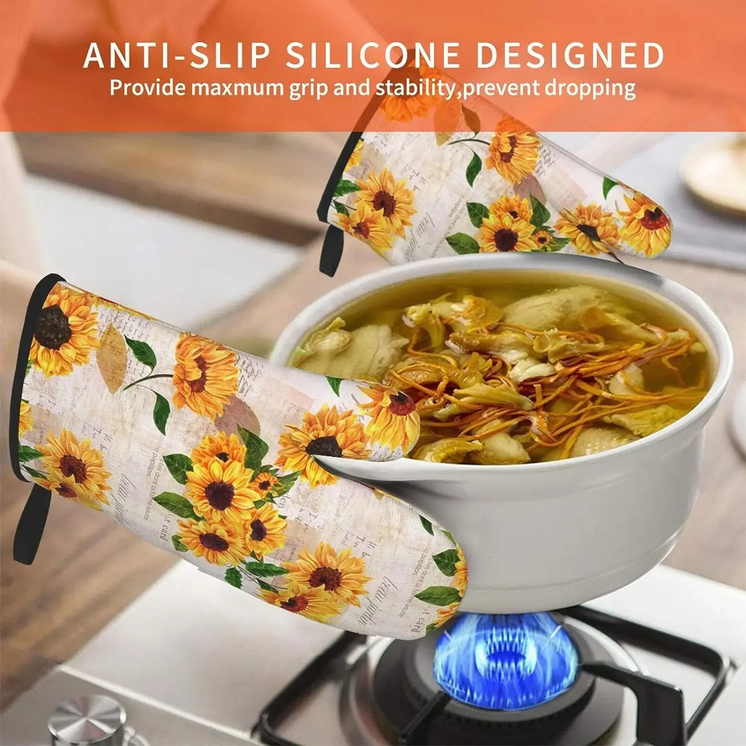 Manoplas para horno con estampado Floral de girasol amarillo, resistentes al calor, impermeables, con capa interior de algodón para cocinar y barbacoa, 2 uds.