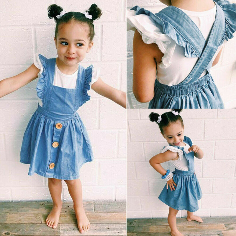 Vestido de mezclilla de verano para niñas, sin mangas, con botones y volantes, Mini vestido de princesa, sin espalda, Ropa para Niñas, vestidos informales para niños