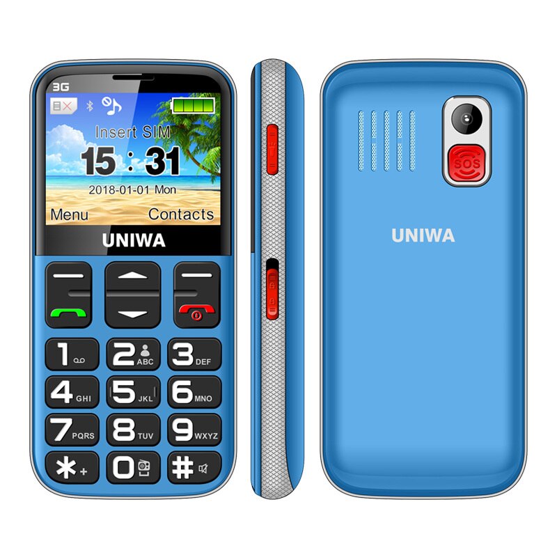 Uniwa V808G Oude Man Mobiele Telefoon 3G Sos Knop 1400 Mah 2.31 "Gebogen Scherm Mobiel Zaklamp Torch Mobiele telefoon Voor Ouderen: Russian Keyboard / Blue