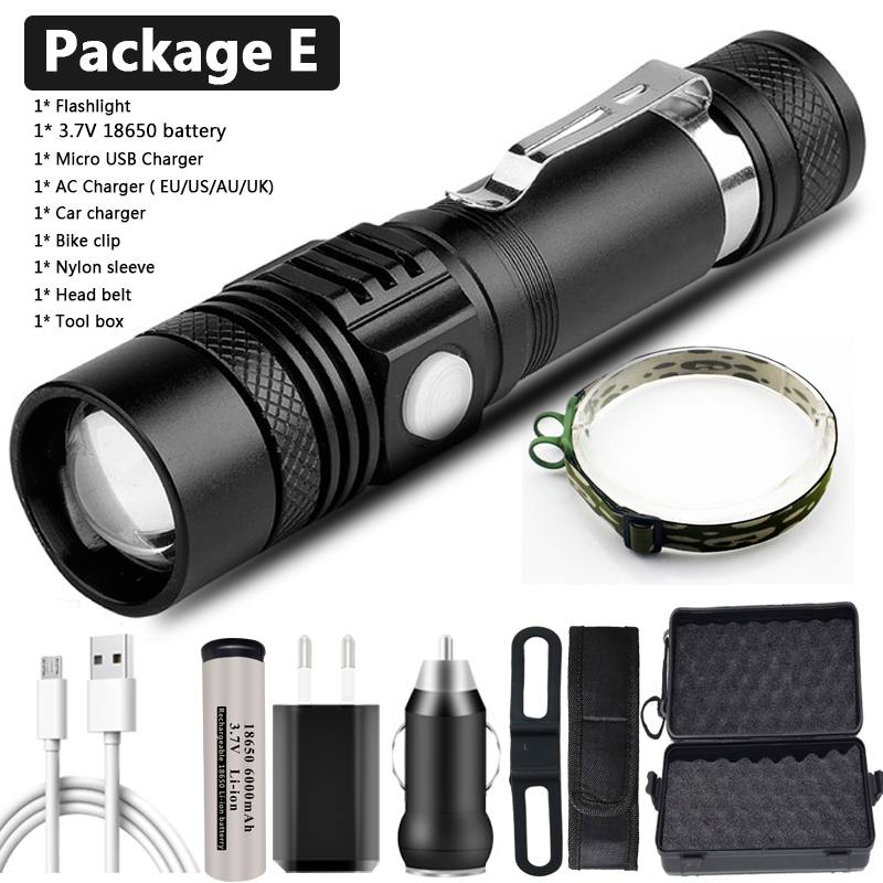 Linterna LED ultrabrillante con XP-L V6, lámpara LED ultrabrillante de XP-L V6, con cuentas, a prueba de agua con zoom, 4 modos de iluminación, carga USB multifunción: S / Rojo