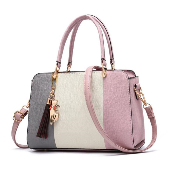 Yogodlns Patchwork Shoulder Bag - Women's Tassel Tote - PU Leather Crossbody Purse - Versatile Style: Light Pink