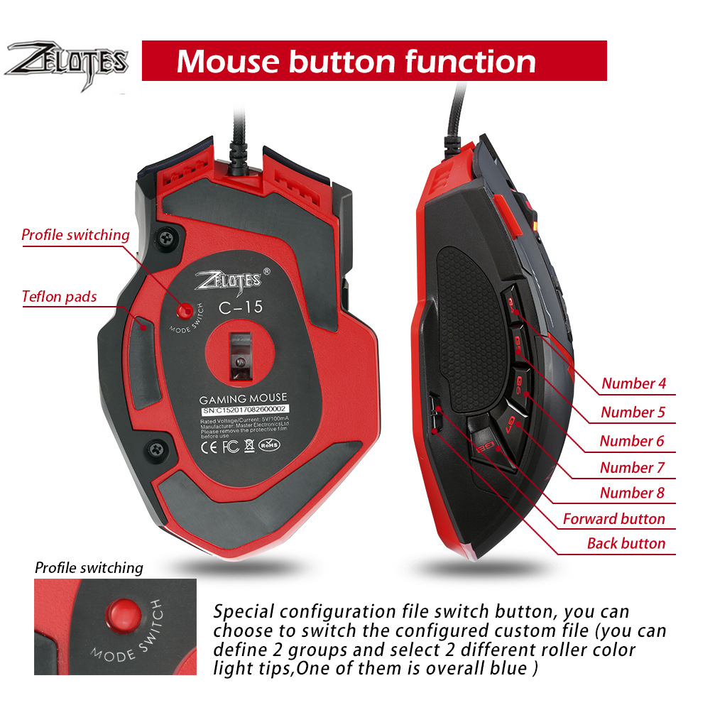 Zelotes C15 computer mouse hand game Gaming Mouse 7000 DPI 13 Programmable Buttons Weight Tuning Cartri gaming mouse