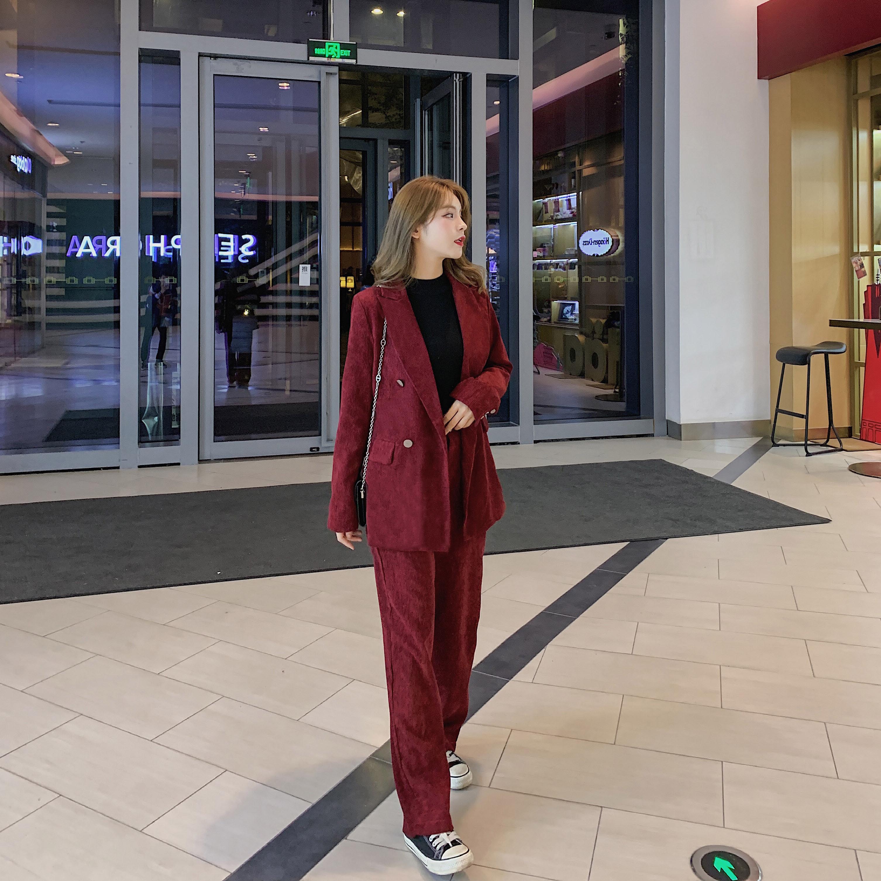 hiver femmes Chic Blazer costumes velours côtelé deux pièces ensemble Vintage cranté double boutonnage manteau et pantalon Long S9N702K