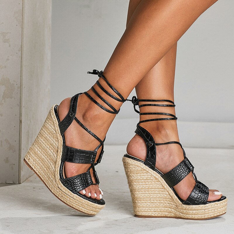 Leopard land dames sandalen met sleehak, plateau espadrilles met sleehak, bohemian sandalen met hoge hak cwf