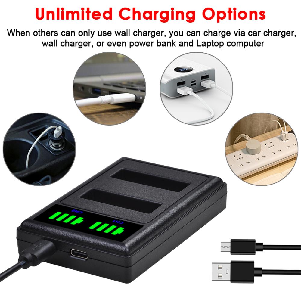LED Dual Battery Charger with Type C Port for GoPro Hero 4 HERO4 Go Pro 4 and GoPro AHDBT-401, AHBBP-401 Camera Battery