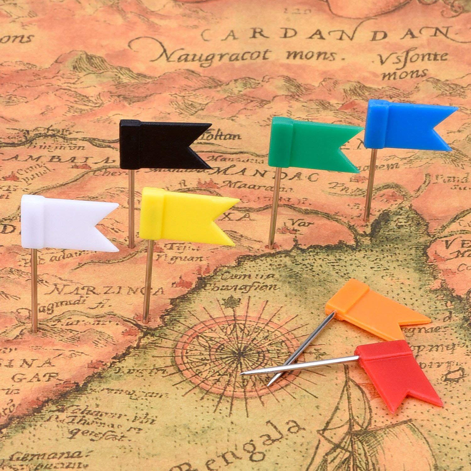 100 pièces carte drapeau punaises punaises, assorties 7 couleurs