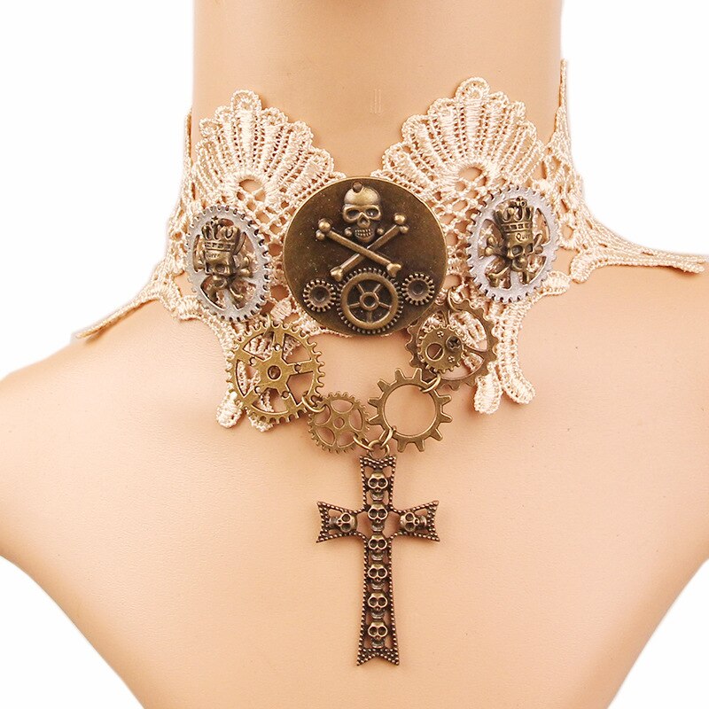 Collar con engranaje de motor de vapor Retro para mujer, accesorios de ropa de con calavera de encaje al Curry, accesorios sencillos y elegantes delicados: Default Title