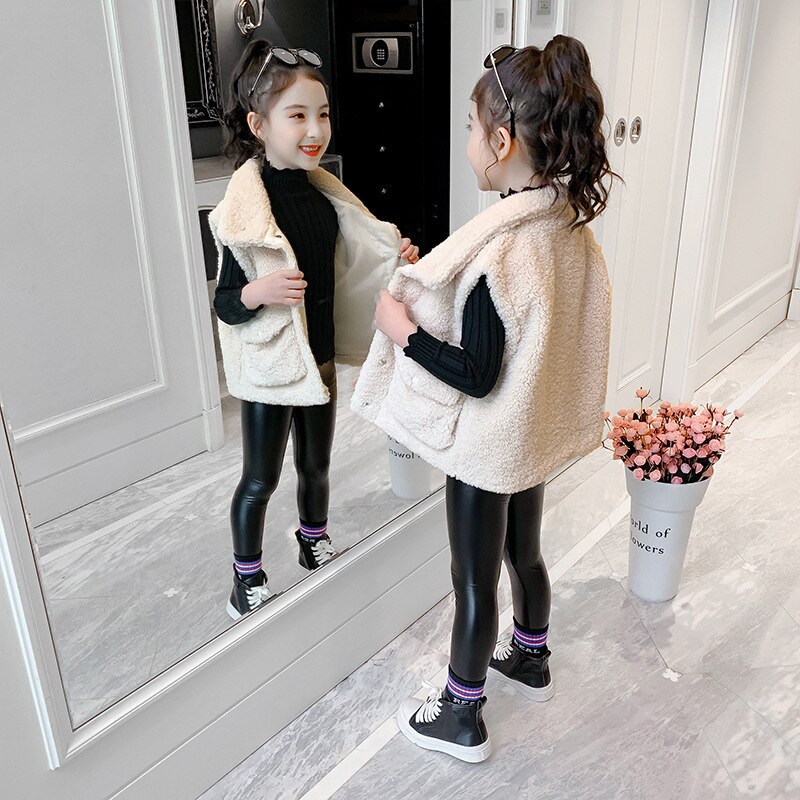 Children Winter Fleece Waistcoat Teenage Girl Sleeveless Single-breasted Plush Vest Pure Color Pockets Thicken Warm Chaleco Niña