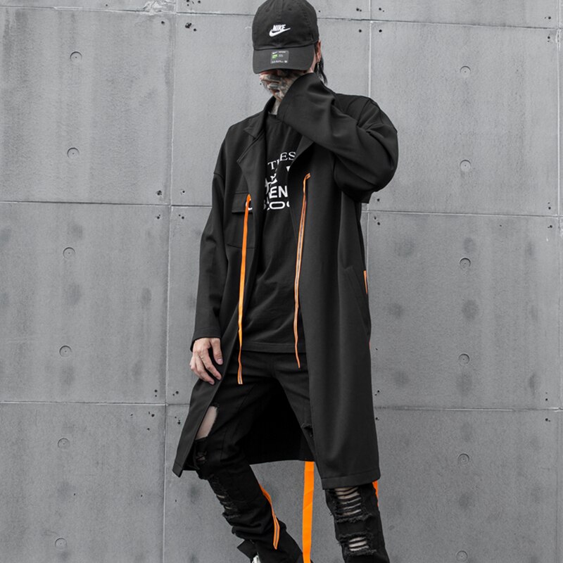 Abrigo Extra largo estilo harajuku para hombre, ropa de calle Punk rock, color negro, Otoño e Invierno