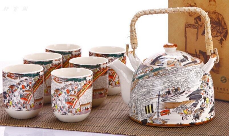 Keramiek 7Pcs Thee Set (1 Theepot Zes Thee Kopjes) Thee Sets Drinkware Chinese Porselein Kungfu Thee Gereedschappen: E