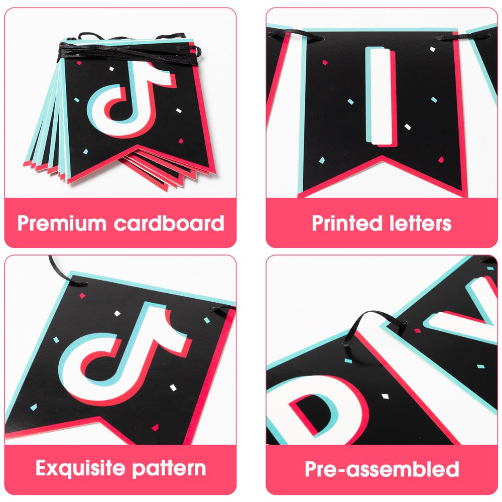 56Pcs Party Decoration TIK Themed TOK Birthday Printing Banner Balloon Cake Topper Music Sign Flags Toppers Decor Video for Fans