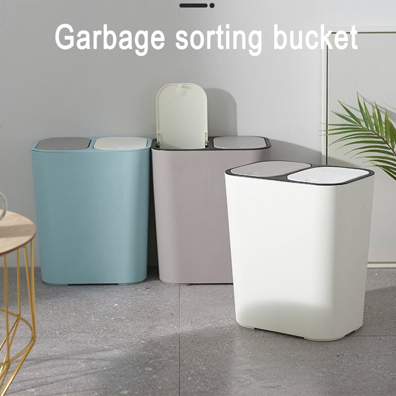 Newly Trash Can Rectangle Plastic Push-Button Dual Compartment 12liter Recycling Waste Bin Garbage Can TE889
