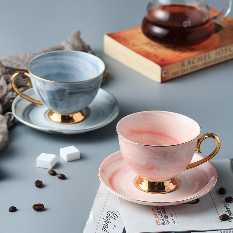 Marmor kaffekop og underkop sæt med glod håndtag keramisk te vand kop porcelæn genanvendelig latte cappuccino kopper 230ml