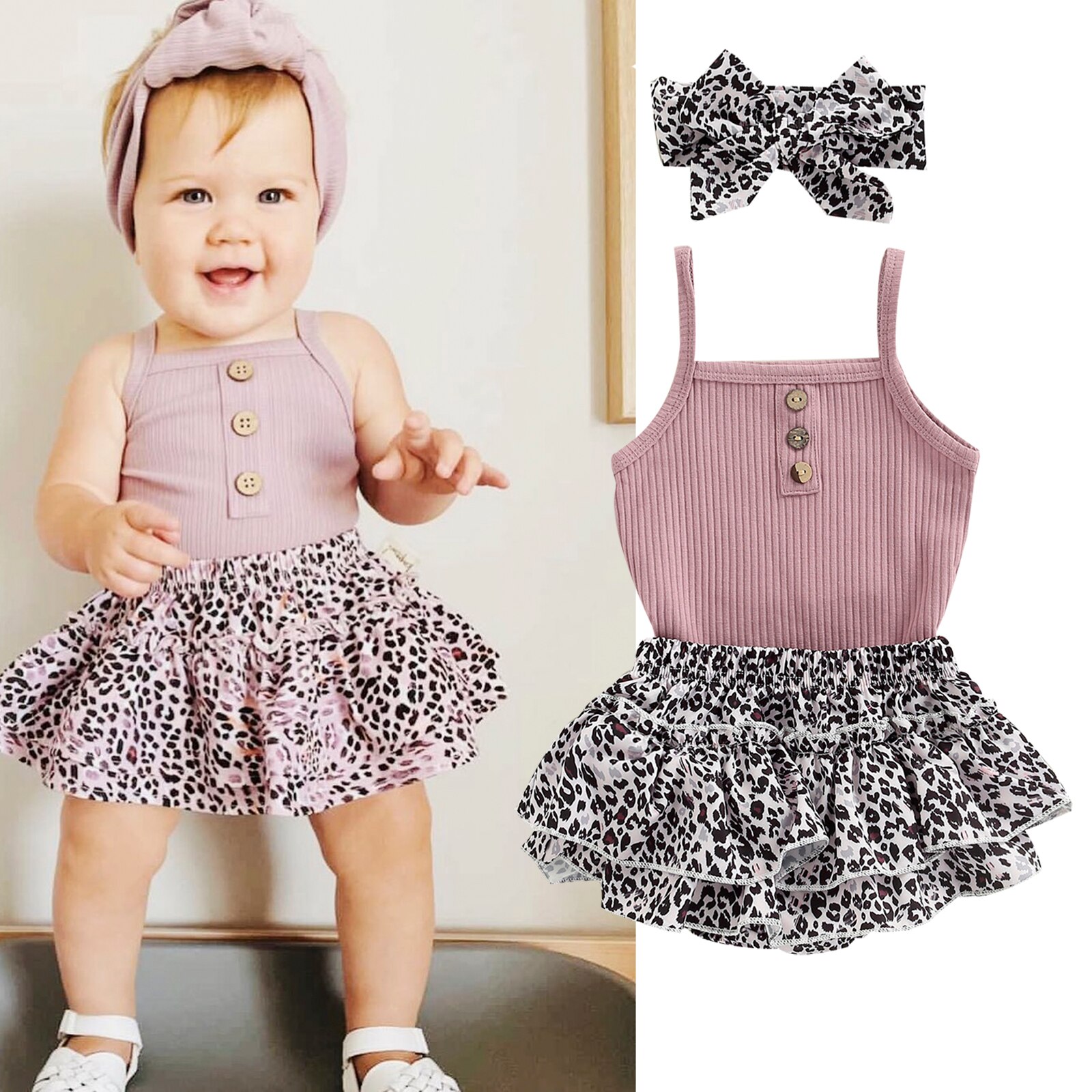 Baby Baby Meisje Driedelige Romper Set Spaghetti Band Mouwloze Romper + Luipaard Gedrukt Romper Rok + Hoofdband