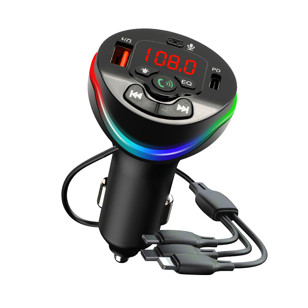 Transmisor FM Bluetooth 5,0 para coche, reproductor modulador MP3, receptor de Audio manos libres con Cable de carga 3 en 1 para IPhone, Huawei y Xiaomi: Blanco