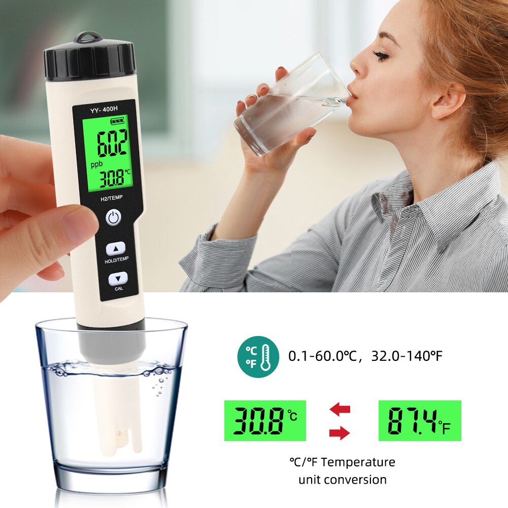 2 in 1 Waterproof Water Monitor Tester Hydrogen Rich Water Detector Hydrogen-Rich H2 Meter Digital Water Tester