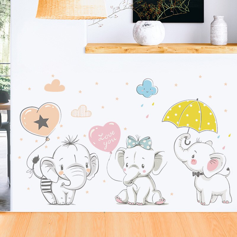Cute Playing Baby Elephant Wall Sticker Kids Baby Room Decoration Wallpaper Home Decorative Vinyl Decals Cartoon Animals Sticker