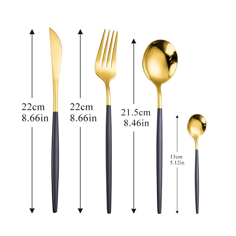 Hjem spisestel sæt guld 18/10 rustfrit stål bestik sæt gaffel ske kniv opvaskemaskine tåler sølvtøj bestik sæt: Sort guld