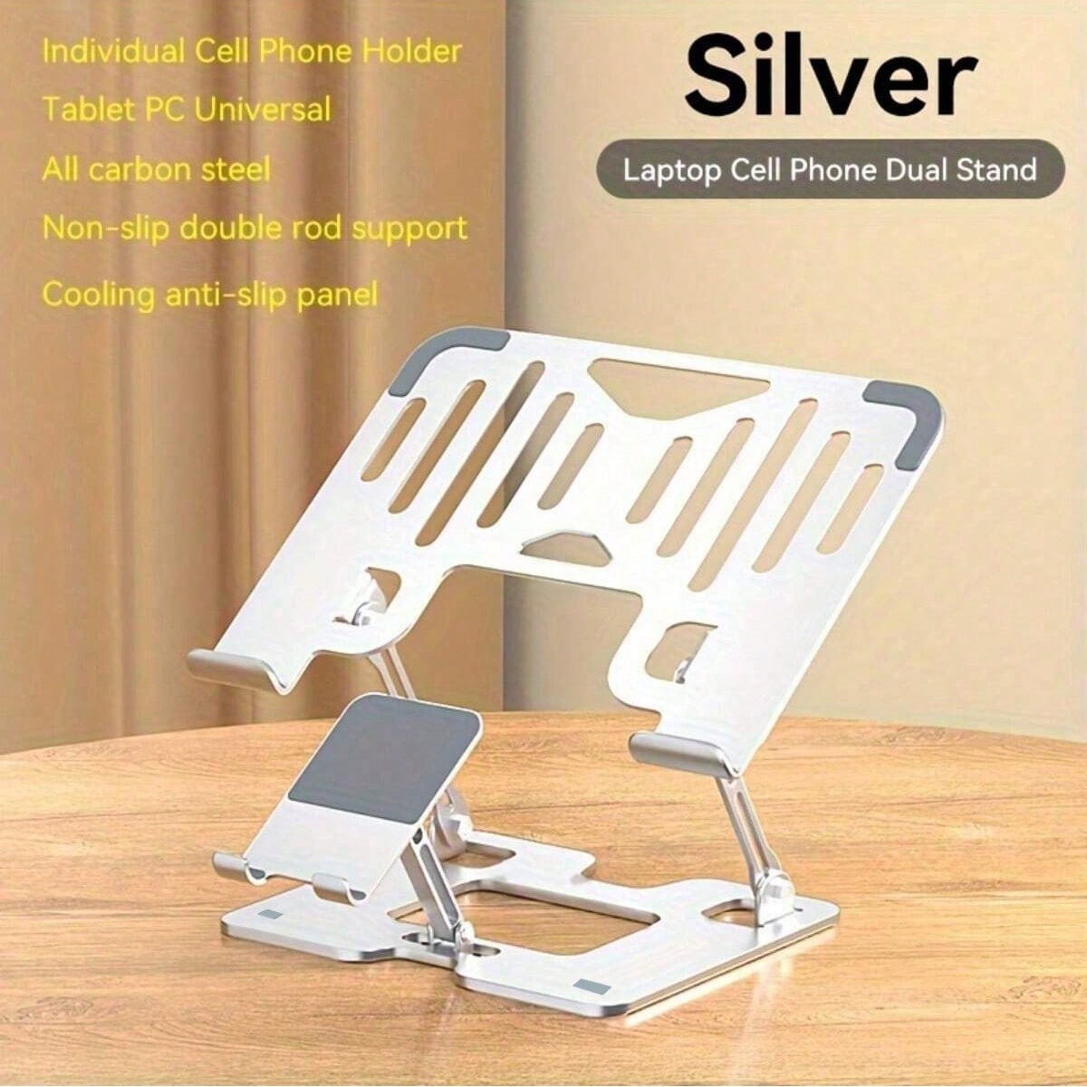 Support réglable pour ordinateur portable et tablette 2 en 1 qui pouvant accueillir des smartphones et des ordinateurs portables. Coussin de refroidissement pliable en acier au carbone: Argent