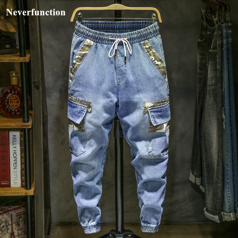 Heren camouflage patchwork losse elastische taille hiphop jeans streetwear heren multi-pocket katoenen joggingbroek cargo denim broek