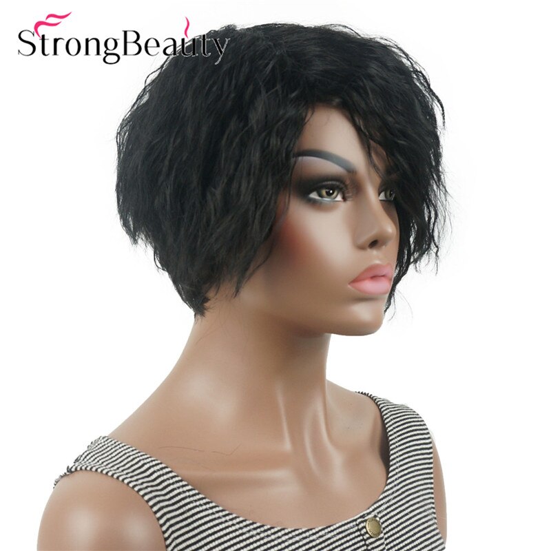 StrongBeauty Short Natural Curly Wigs Asymmetrical Side Bang Synthetic Women Hair Heat Resistant Wig: Default Title