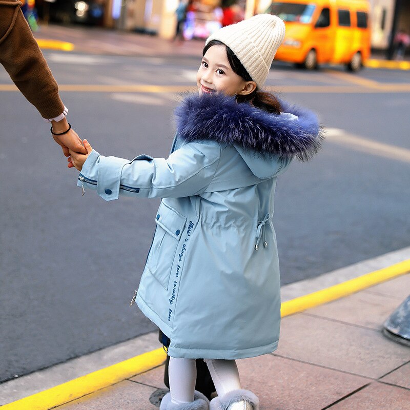 Chaqueta rusa de invierno para niñas, abrigos de invierno para niños, chaquetas de plumas, abrigo de piel con capucha, abrigo de 3 a 14 años, Parka para niñas adolescentes: Light Blue / 130(Height 120-130cm