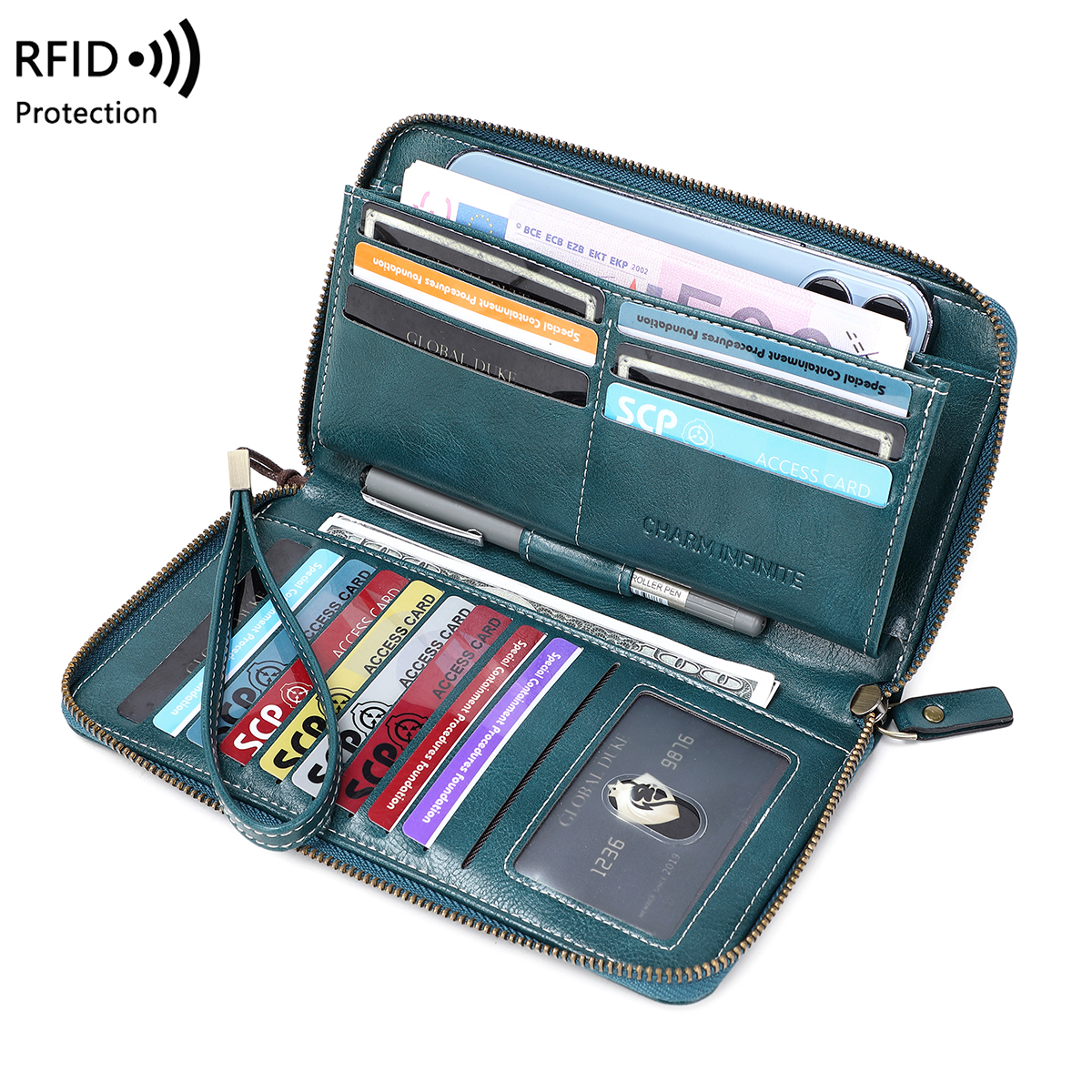 RFID anti-diefstal borstel portemonnee voor dames, meerdere sleuven, vintage, grote capaciteit, multifunctionele, stijlvolle clutch met polsband: Blauw