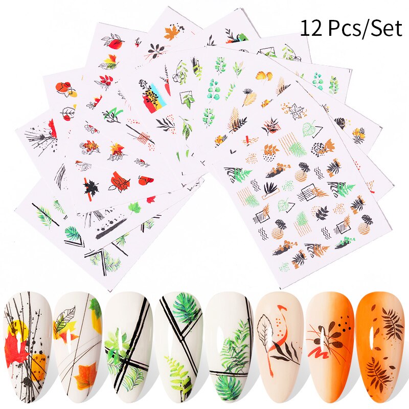 19Styles Simple Green Leaves Flowers Water Decals Spring Summer Theme Floral Maple Leaf Sliders Paper Line Watermarks Decoration