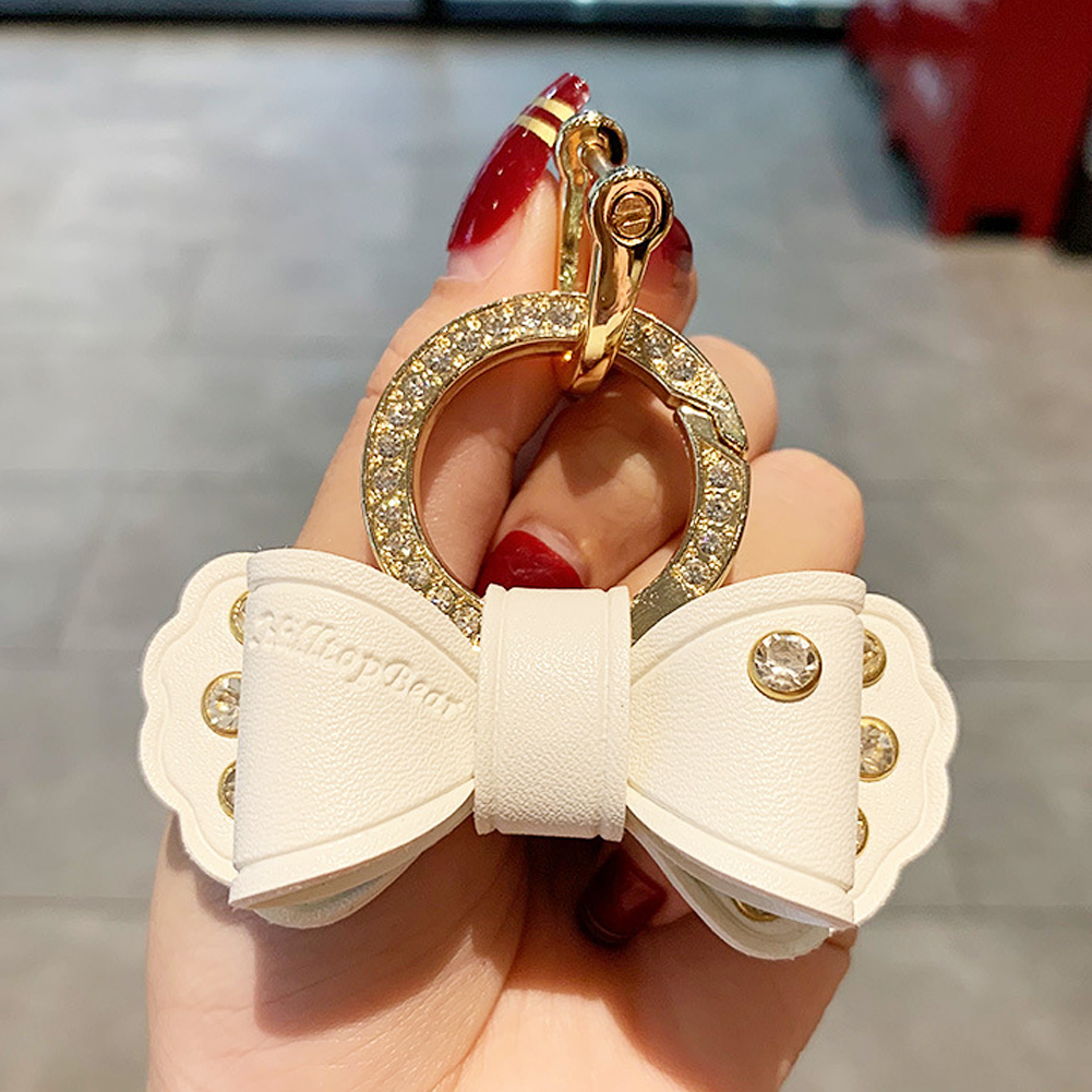 Metallring Auto Schlüsselanhänger Gold Strass Leder Schleife Niedlicher Schlüsselanhänger Zubehör für Frauen Mädchen Motos Moto Autoschlüsselhalter